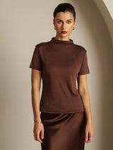 [Coffee] SilkSilky-CA 100% Silk Jersey Short Sleeve Mock Neck Women's T-Shirt 003