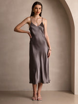 [Dark Khaki] SilkSilky-CA Spaghetti Strap V Neck Dress 003