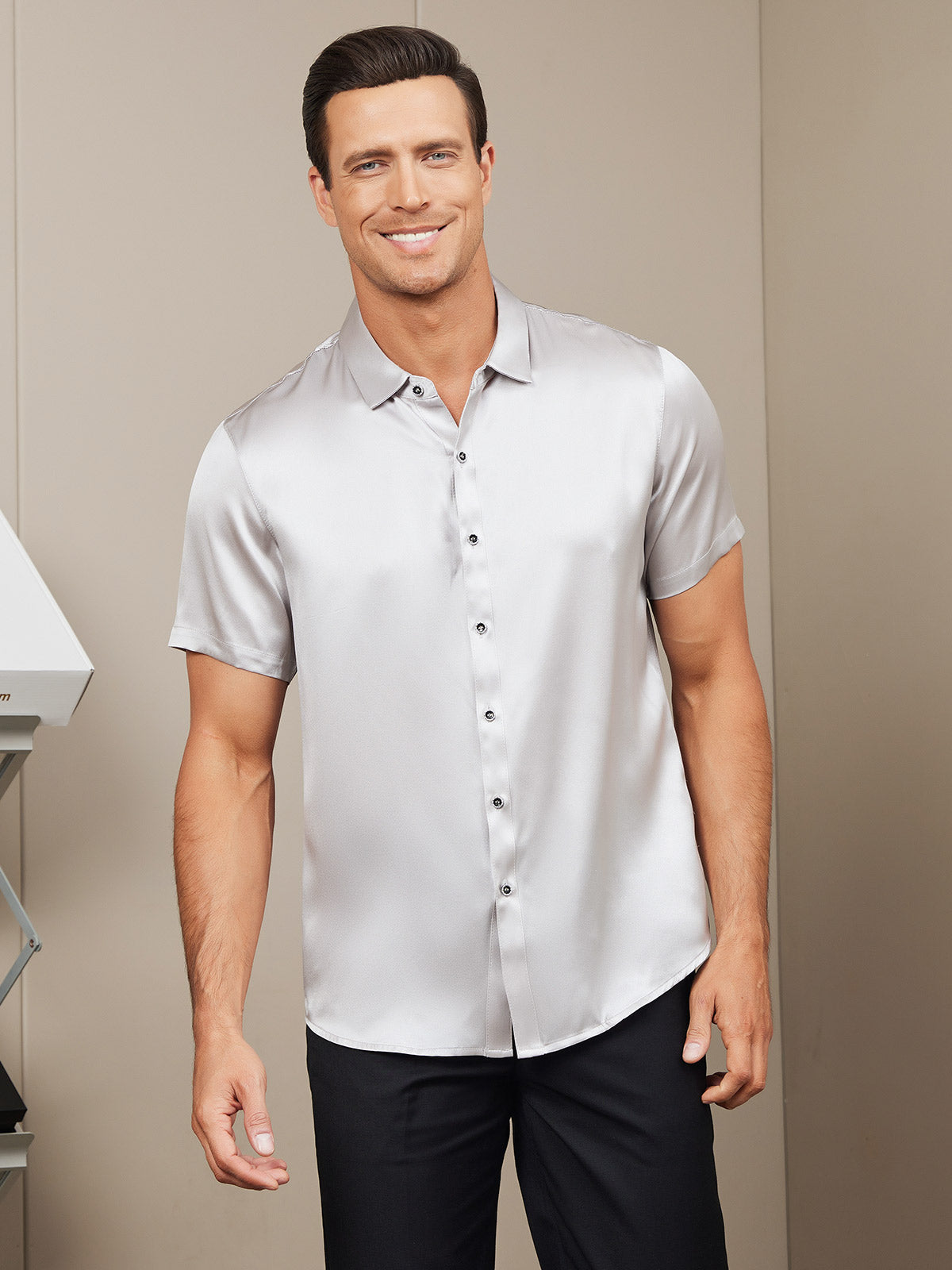 SilkSilky CA Silk Short Sleeve Collar Men's Shirt Silver 004