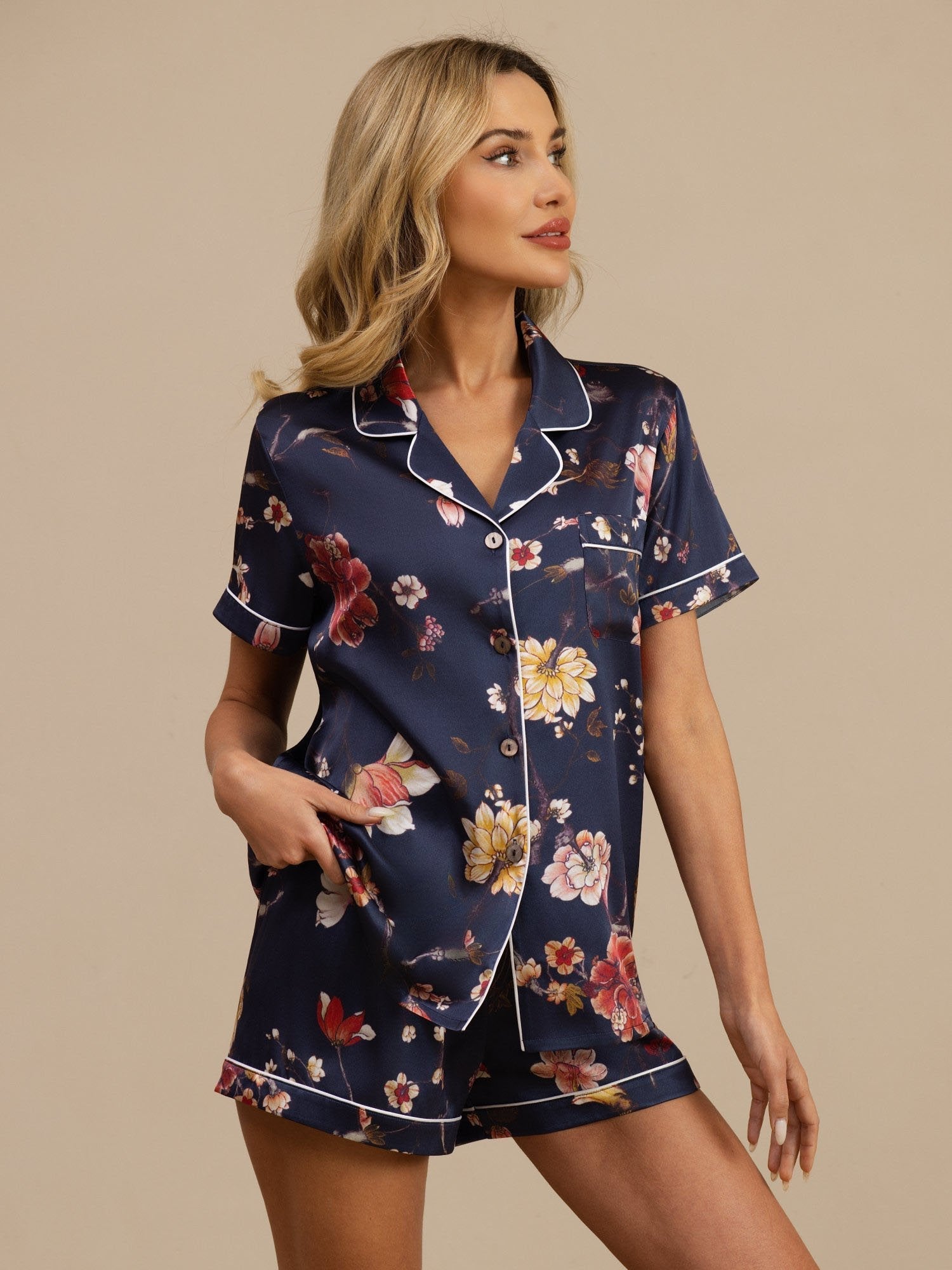 [Navy Floral] SilkSilky-CA Short Sleeve Notch Collar Women's Pajamas 001