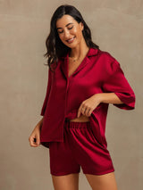 [Wine] SilkSilky-CA 19Momme Machine-Washable Silk Half Sleeve Notch Collar Women's Pajamas 007