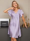 SilkSilky CA Pure Silk Short Sleeve V Neck Nightgown Purple 009