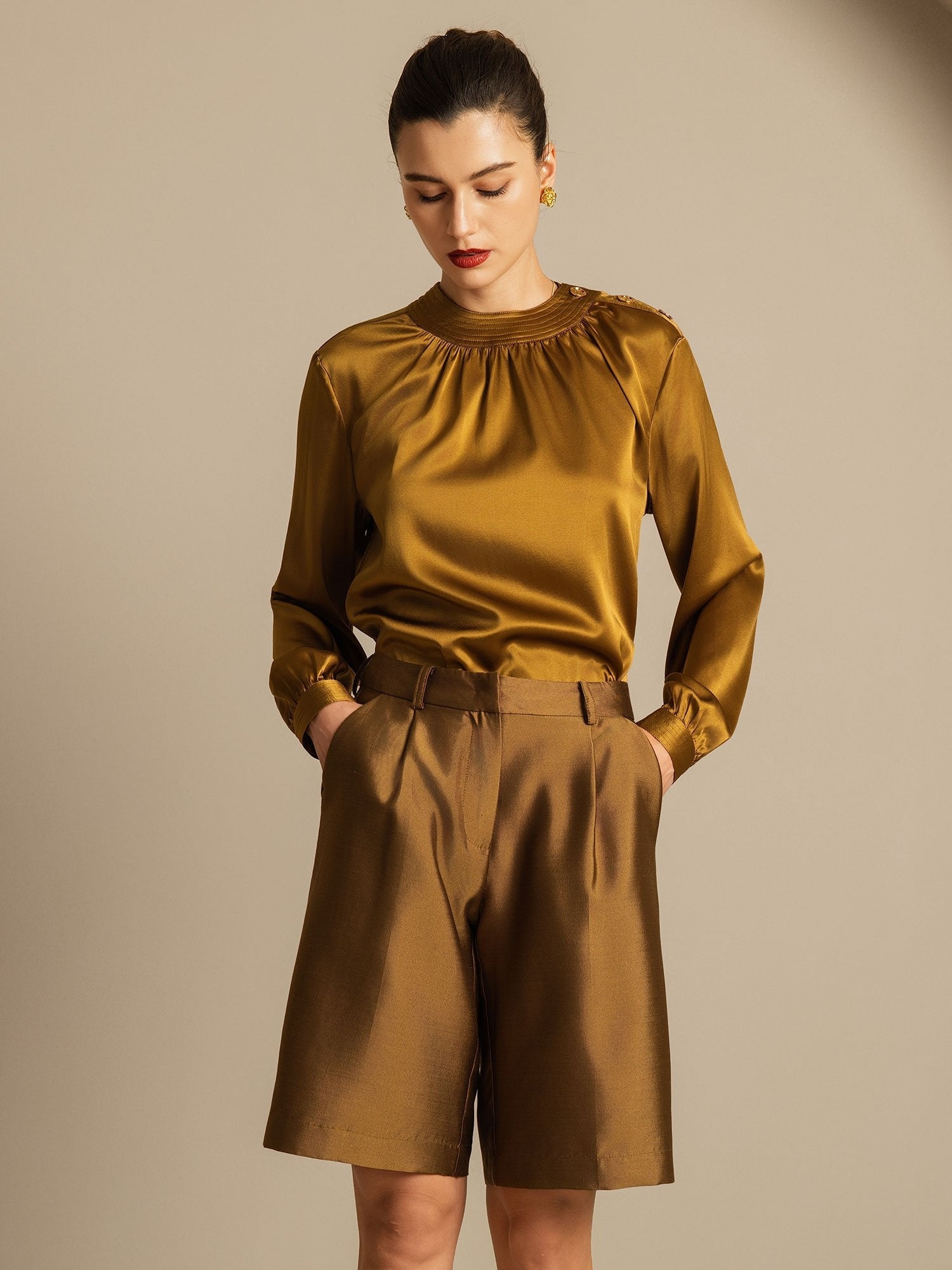 [Bronze] SilkSilky-CA 32Momme Silk-Wool Blend Womens Shorts 005,