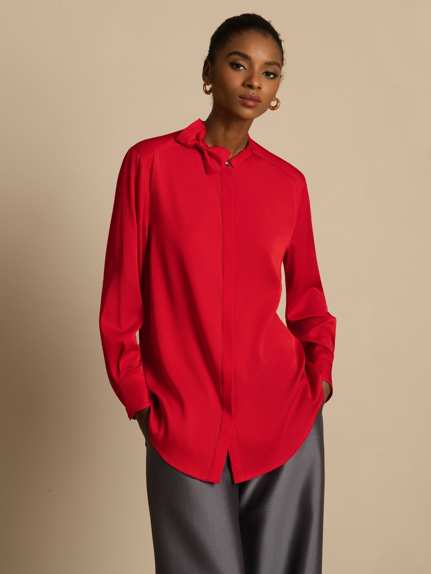 [Wine] SilkSilky-CA 19Momme Stretch Silk Double Georgette Long Sleeve Collar Blouse 001