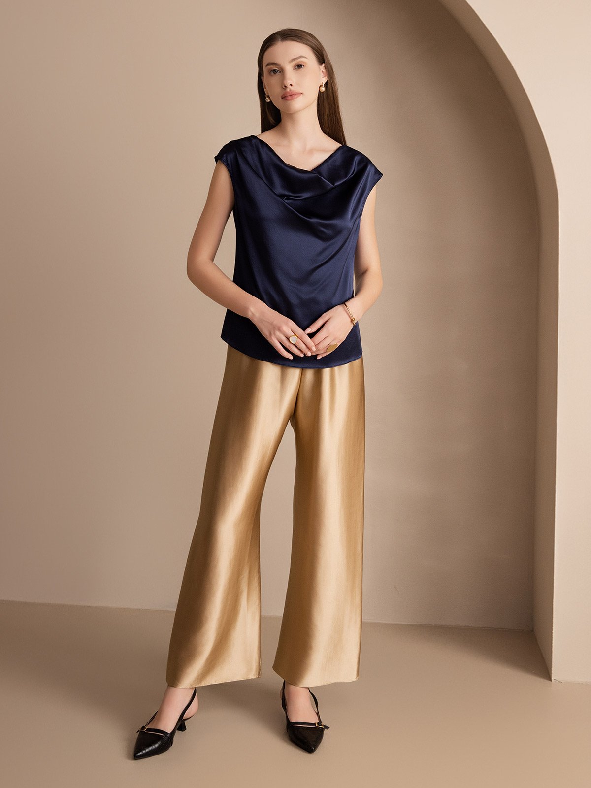 [Dark Blue] SilkSilky-CA 19Momme Silk Cap Sleeve Cowl Neck Women's T-Shirt 005