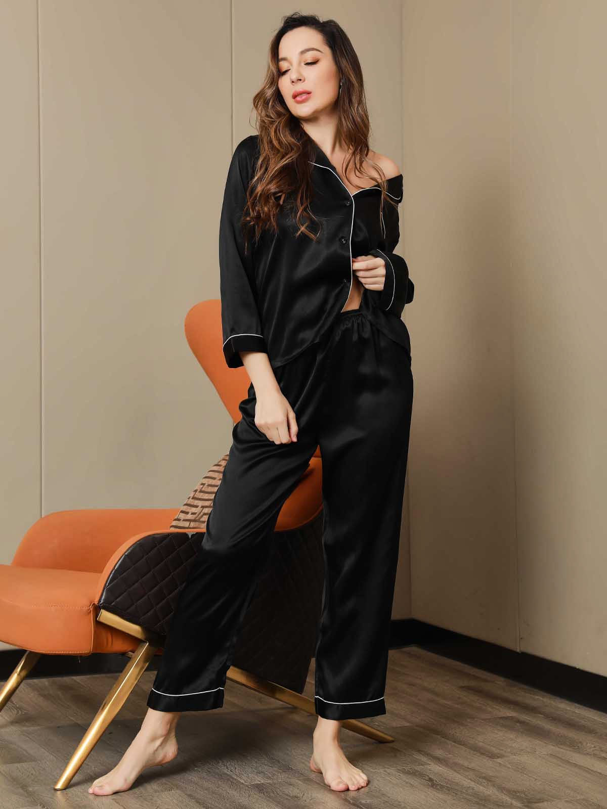 SilkSilky CA Pure Silk Long Sleeve Lapel Women's Pajamas Black 006