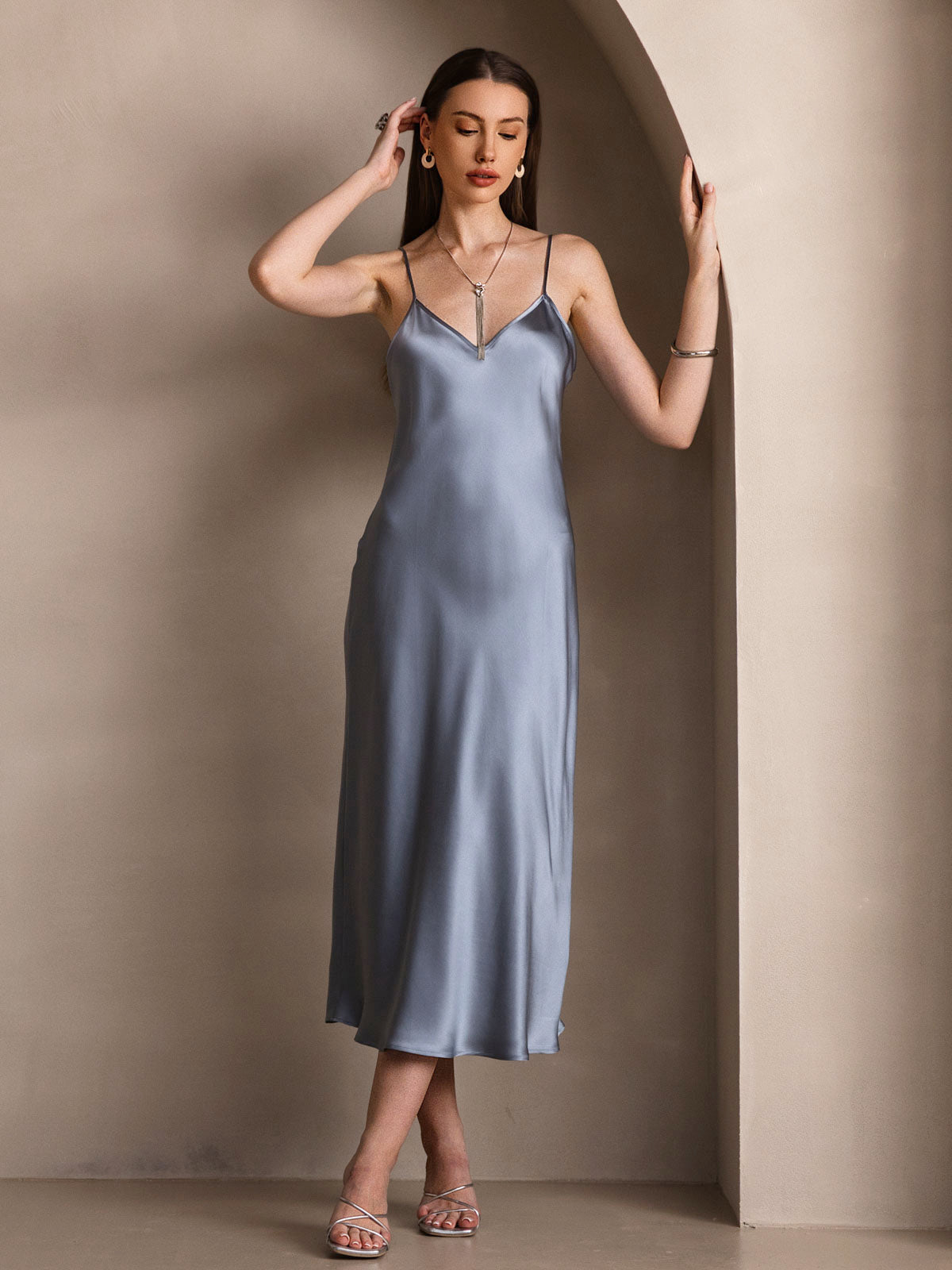 SilkSilky-CA Pure Silk Sleeveless Round Neck Dress GrayishBlue 006