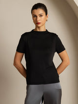 [Black] SilkSilky-CA 100% Silk Jersey Short Sleeve Mock Neck Women's T-Shirt 005