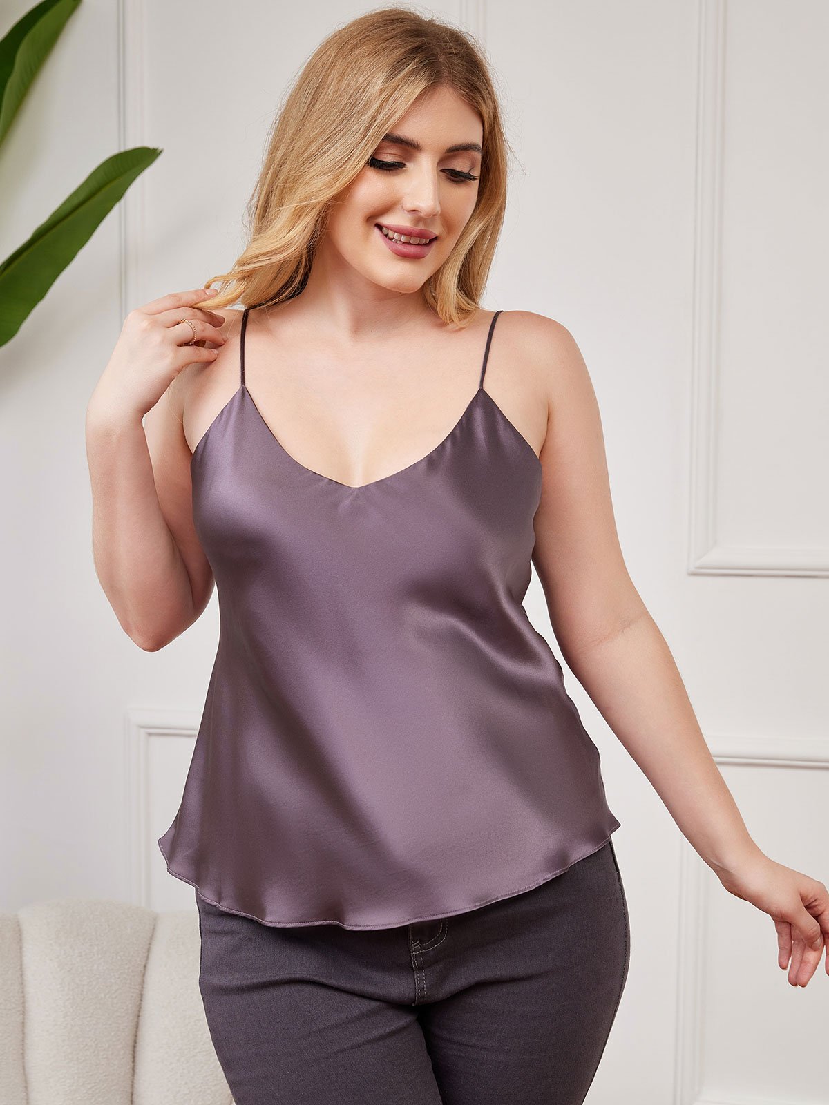 SilkSilky-CA Pure Silk Deep V Neck Plus Size Camisole Top PurpleGray 003