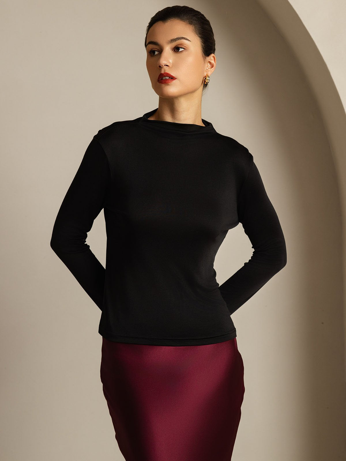 [Black] SilkSilky-CA Pure Silk High Neck Women's T-Shirt 008