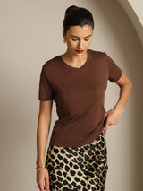 [Coffee] SilkSilky-CA Short Sleeve V Neck Women's T-Shirt 003