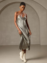[Grayish Green] SilkSilky-CA Spaghetti Strap V Neck Nightgown 005