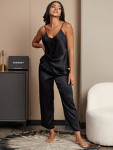 [Black] SilkSilky-CA Spaghetti Strap V Neck Camisole Set 005