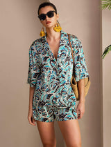 [Teal Botanical] SilkSilky-CA Short Sleeve Notch Collar Women's Pajamas 001