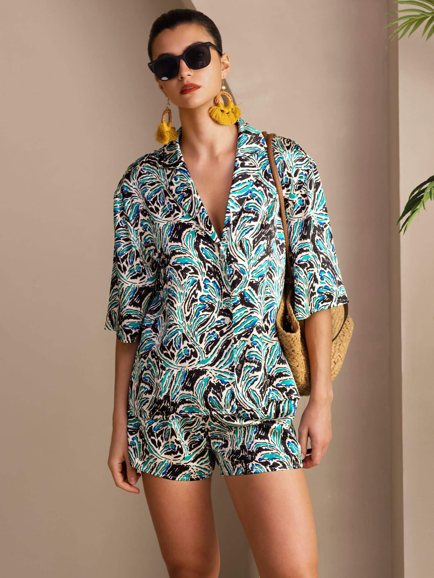 [Teal Botanical] SilkSilky-CA Half Sleeve Lapel Collar Women's Pajamas 001