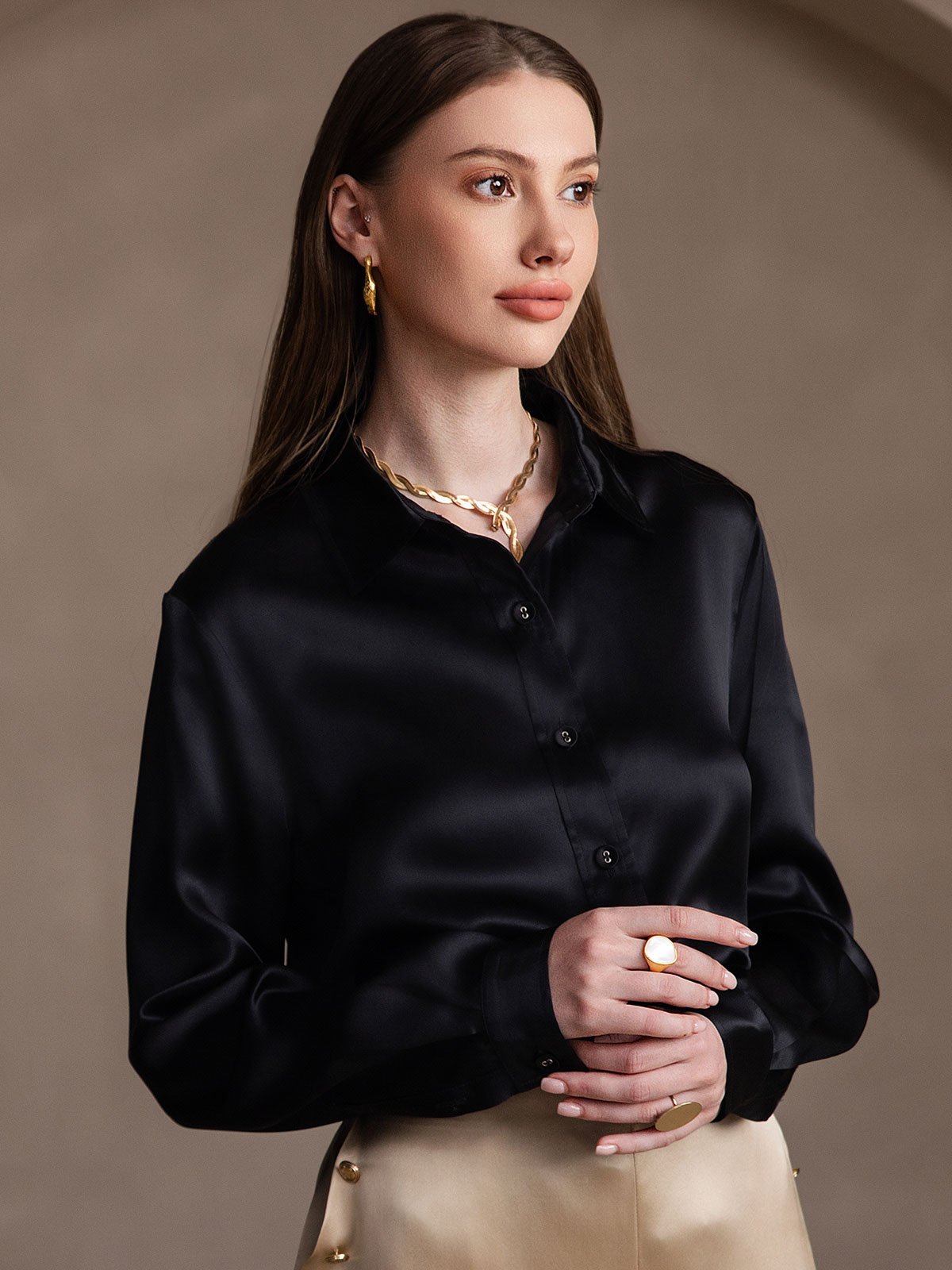 SilkSilky CA 19Momme Silk Long Sleeve Collar Women's Shirt Black 004