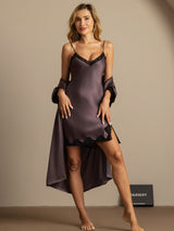 [Purple Gray] SilkSilky-CA Half Sleeve V Neck Nightgown&Robe Set 005