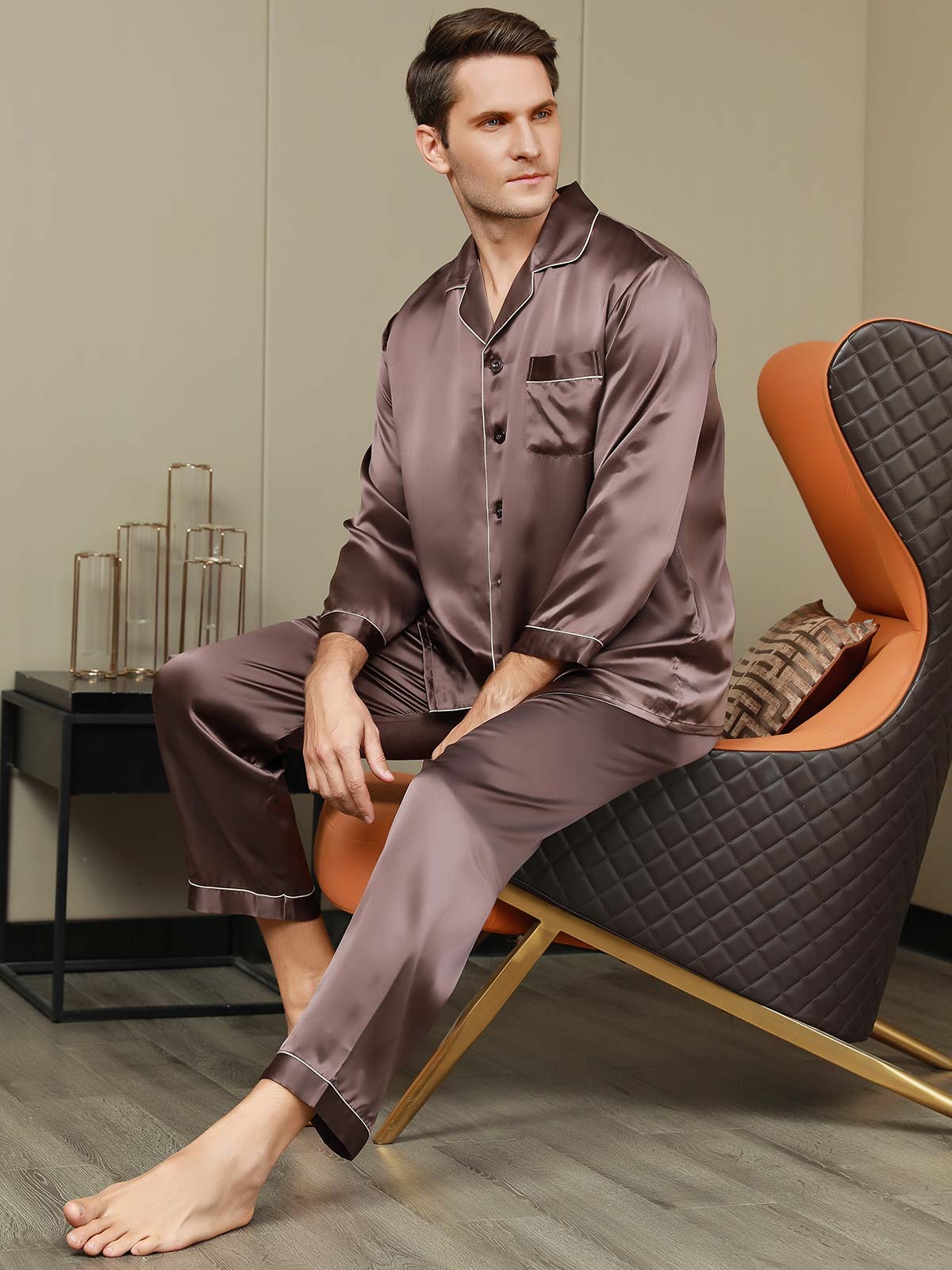 SilkSilky-CA Pure Silk Long Sleeve Lapel Men's Pajamas Coffee 006