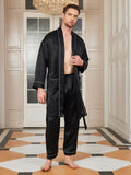 SilkSilky CA Pure Silk 3/4 Sleeve Deep V Neck Men's Robe Black 006