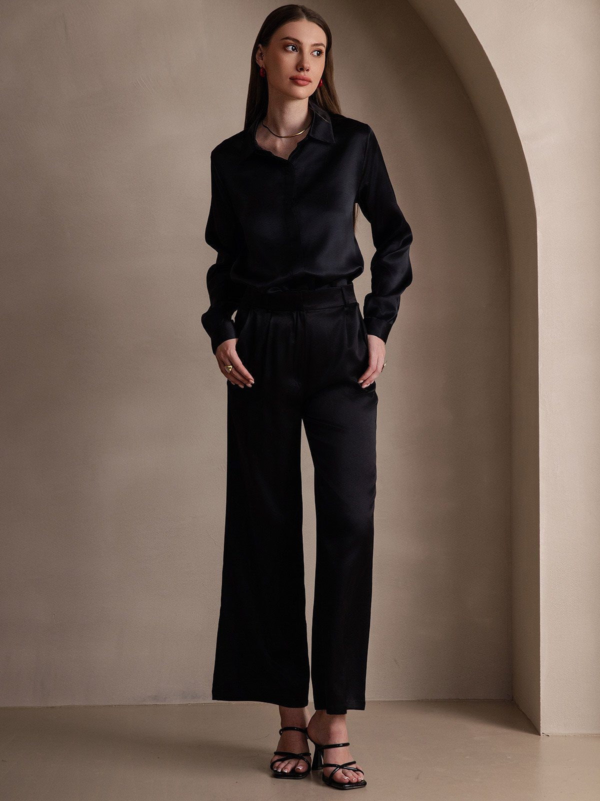 [Black] SilkSilky-CA 19Momme Silk Long Sleeve Lapel Collar Women's Shirt 007