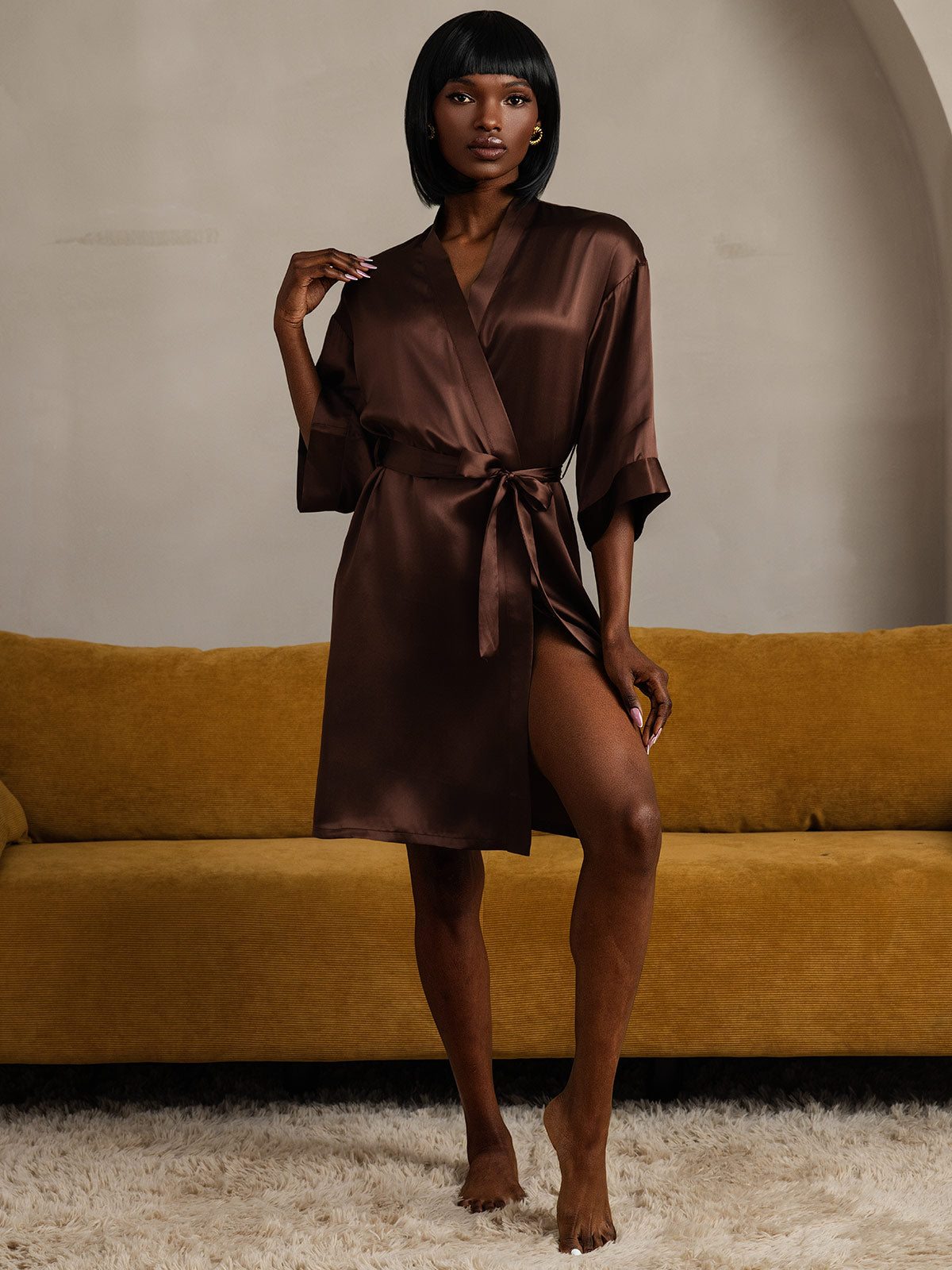 [Coffee] SilkSilky-CA Pure Silk Half Sleeve Womens Robe 009