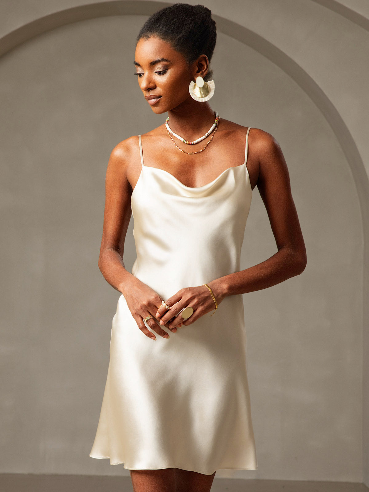 [Light Yellow] SilkSilky-CA Pure Silk Cowl Neck Dress 004