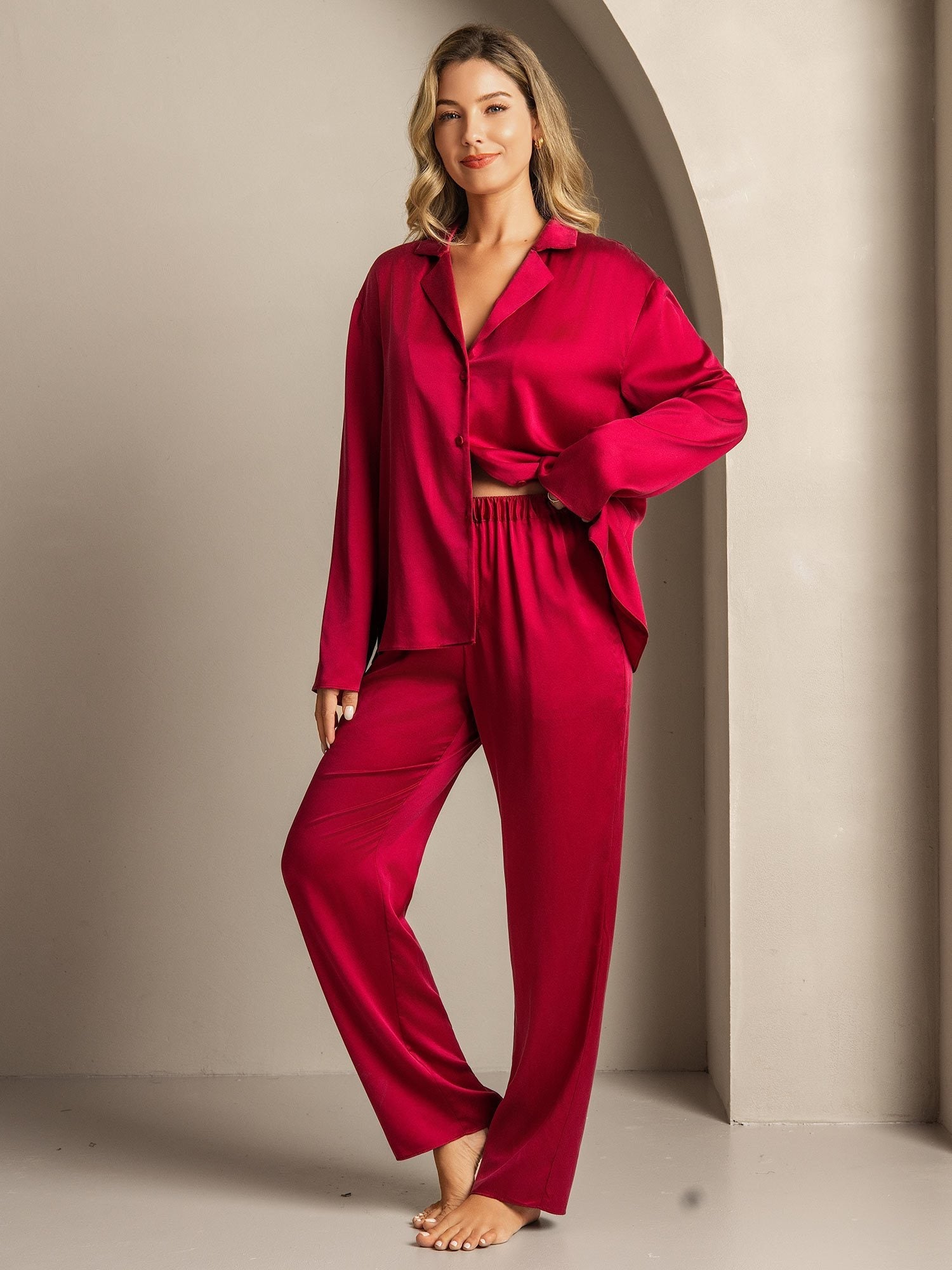 [Wine] SilkSilky-CA 19Momme Machine-Washable Silk Long Sleeve Notch Collar Women's Pajamas 004