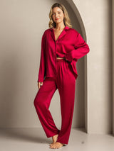 [Wine] SilkSilky-CA 19Momme Machine-Washable Silk Long Sleeve Notch Collar Women's Pajamas 004