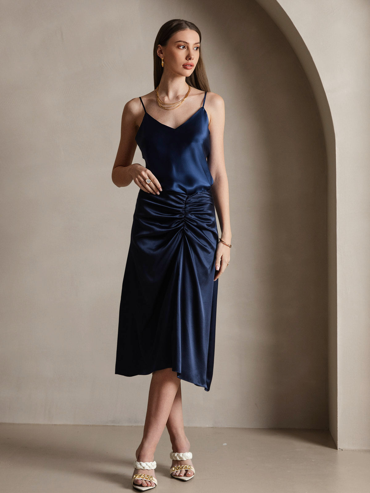 [Dark Blue] SilkSilky-CA Pure Silk V Neck Camisole 005
