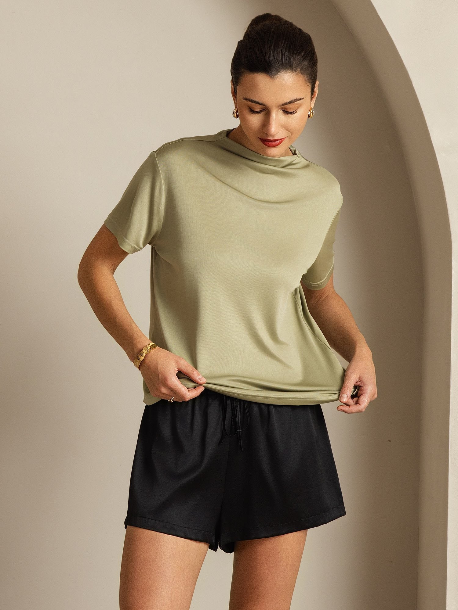 [Dried Herb] SilkSilky-CA Pure Silk Collar Women's T-Shirt 007