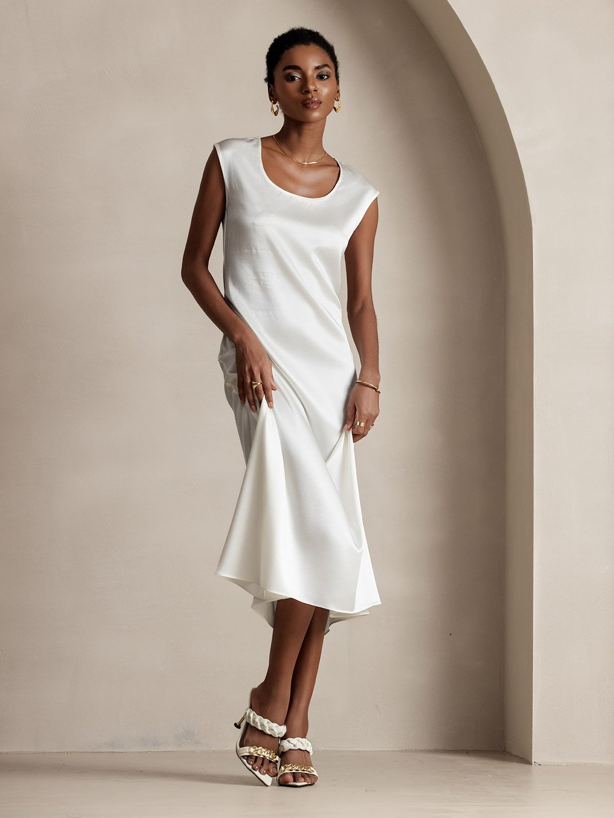 [White] SilkSilky-CA 19Momme Silk Cap Sleeve Round Neck Dress 001