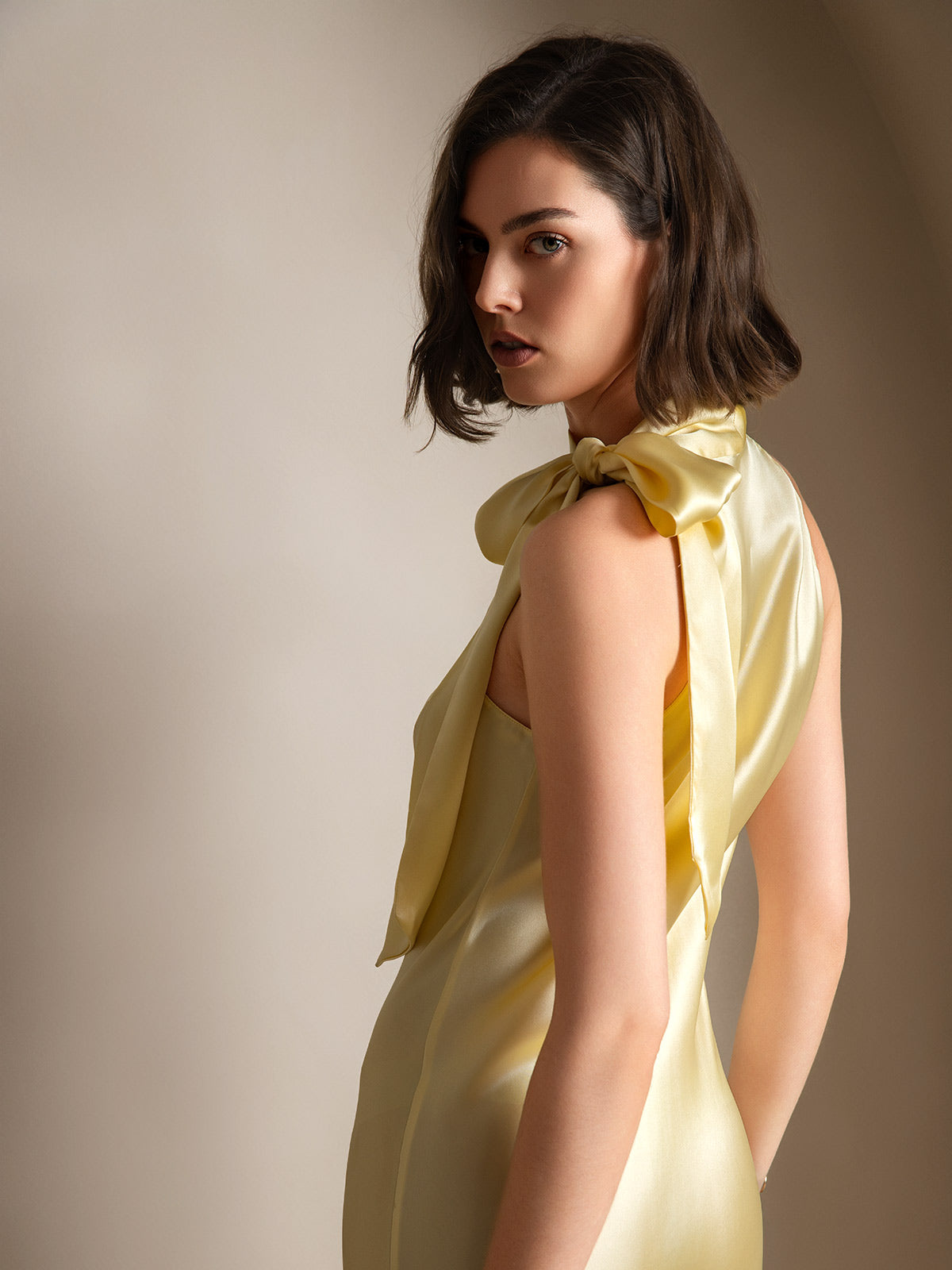 [Light Yellow] SilkSilky-CA 19Momme Stretch Silk Charmeuse Sleeveless Halter Dress 002