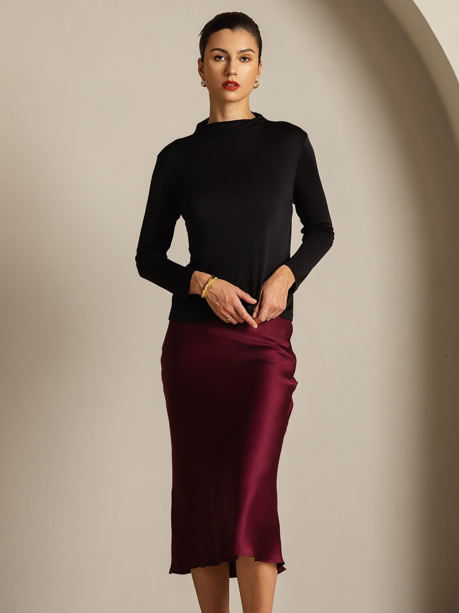 [Black] SilkSilky-CA Pure Silk High Neck Women's T-Shirt 007