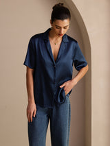 [Dark Blue] SilkSilky-CA Short Sleeve Notch Collar Women's Shirt 005