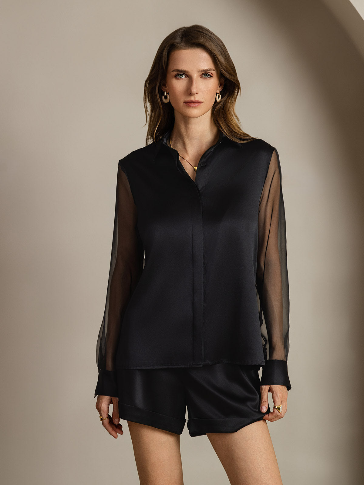 [Black] SilkSilky-CA 19Momme Silk Lapel Collar Women's Shirt 001