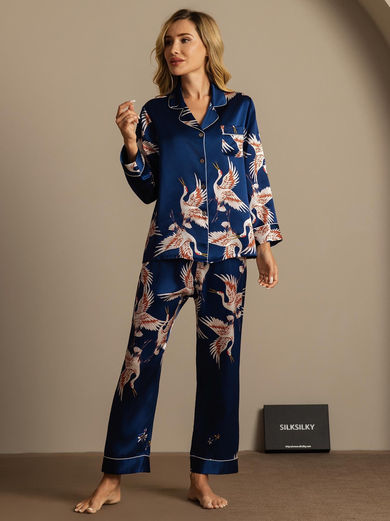 [Dark Blue] SilkSilky-CA 19Momme Pure Silk Notch Collar Women's Pajamas 003