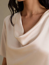 [Beige] SilkSilky-CA Short Sleeve Cowl Neck Women's Blouse 004