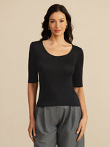 [Black] SilkSilky-CA Half Sleeve Scoop Neck Women's T-Shirt 003