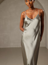 [Grayish Green] SilkSilky-CA Spaghetti Strap V Neck Nightgown 003