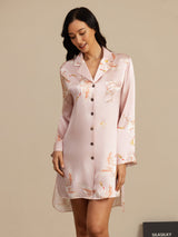[Pink] SilkSilky-CA Long Sleeve Lapel Collar Nightshirt 003