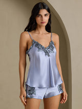 [Steel Blue] SilkSilky-CA Spaghetti Strap V Neck Camisole Set 003