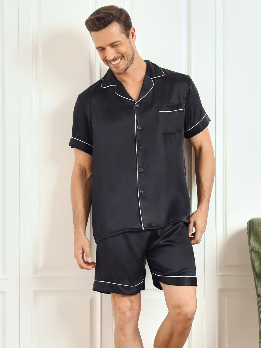 SilkSilky CA Pure Silk Short Sleeve Mens Pajamas Black 001