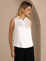 [White] SilkSilky-CA Sleeveless Lapel Collar Women's Shirt 001