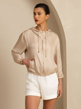[Tan] SilkSilky-CA 18Momme Silk Satin Surah Long Sleeve Stand Collar Women's Outerwear 001