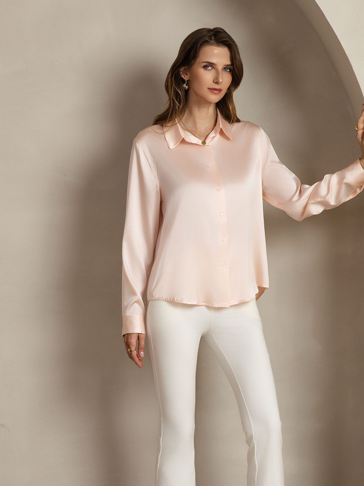 [Light Pink] SilkSilky-CA Silk Lapel Collar Women's Shirt 007