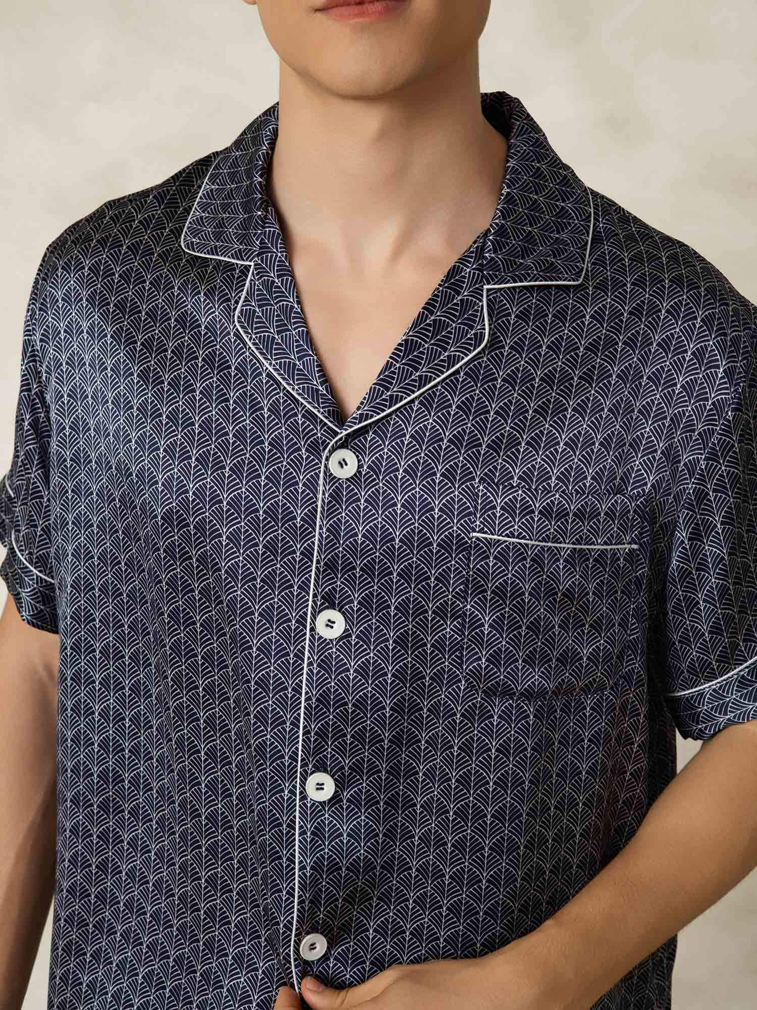 [NavyGinkgo] SilkSilky-CA Pure Silk Lapel Collar Men's Pajamas 007