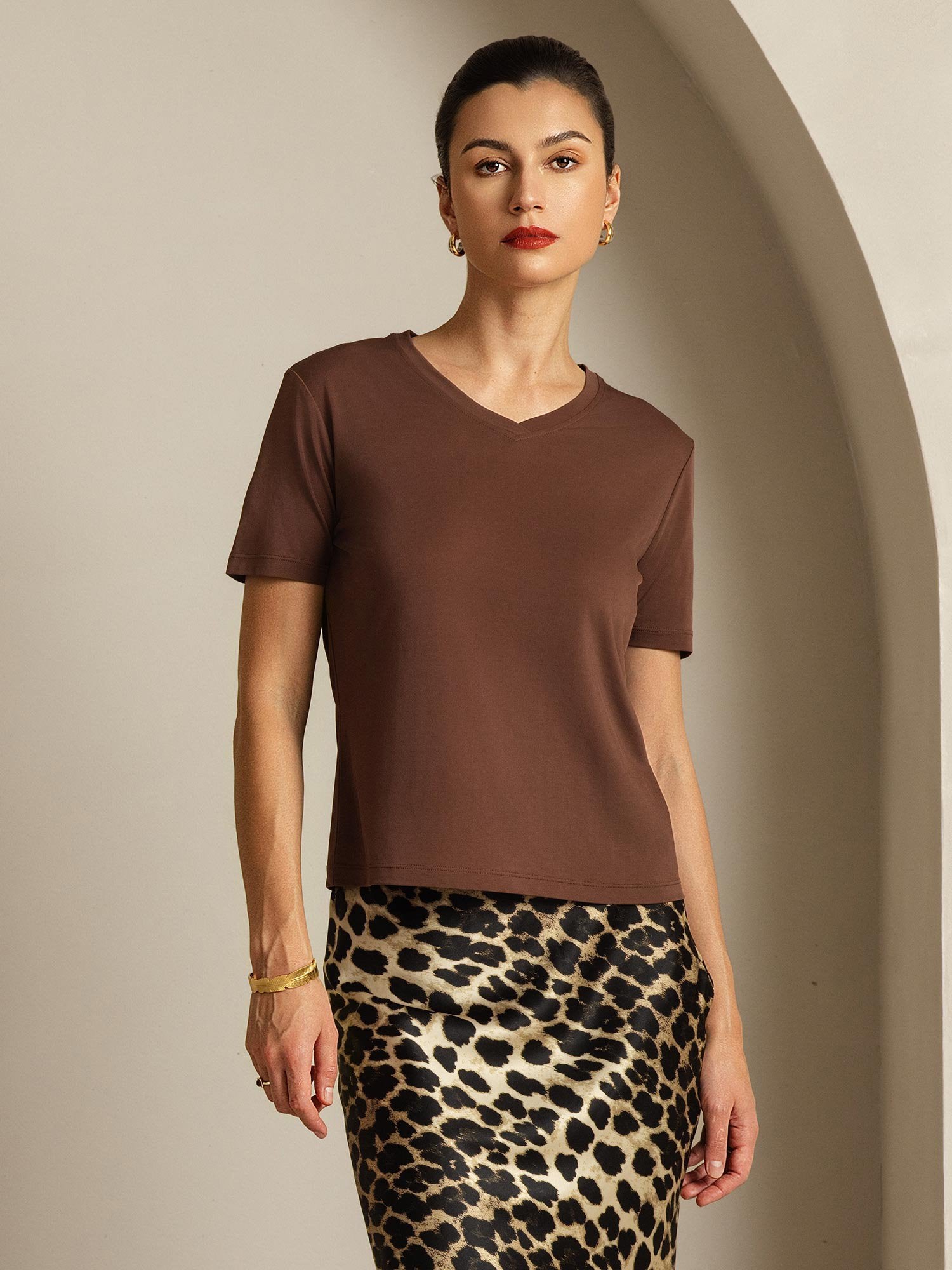 [Coffee] SilkSilky-CA Pure Silk V Neck Women's T-Shirt 001