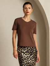 [Coffee] SilkSilky-CA 100% High-Twist Silk Jersey Short Sleeve V Neck Women's T-Shirt 001