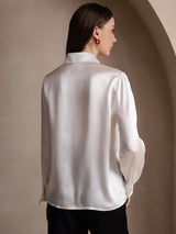[White] SilkSilky-CA 19Momme Stretch Silk Charmeuse Long Sleeve Lapel Collar Women's Shirt 002