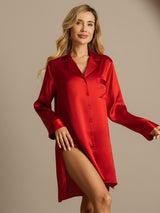 [Red] SilkSilky-CA Long Sleeve Lapel Collar Nightshirt 003